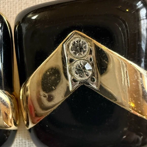 Vintage Art Deco Earrings Black Onyx and Gold Tone chevron overlay Rhinestones - Picture 3 of 7